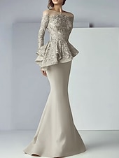 voordelige Vloerlengte-Zeemeermin moeder van de bruid jurk formele bruiloft gast elegante scoop hals vloer lengte kant stretch stof lange mouw met ruffles applicaties 2025 gratis maat op maat