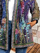billiga casual jackor-Dam Jacka Vardag Fyrkantig hals Mönster Blommig Ledigt / vardag Vintage Lös passning Ytterkläder Långärmad Vår Havsblå S