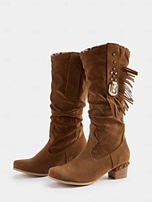 levne Cowboy &amp; Western Boots-dámské hnědé semišové boty do půli lýtek s třásněmi – westernové kovbojské boty na podzim a zimu