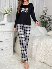 billiga Sovkläder till damer-kvinnors pyjamasset rutnät / rutig bokstav mode komfort hem daglig säng andas rund hals långärmad t-shirt t-shirt byxa resår midja höst vinter hem outfits