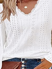 cheap Lace Tops-Women&#039;s White Elegant Lace Tops Eyelet Blouse Stylish Solid Color Eyelet Puff Sleeve Long Sleeve Regular Tops V Neck Daily Romantic Petite Tops Summer Holiday Wear White Pink Purple Green Spring Fall