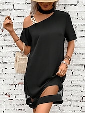 abordables Robe noire-robe noire Robe unie Femme Robe mi-longue Maille Patchwork Plein Air Rendez-vous Rétro Vintage Décontractées Une Epaule Manche Courte Ample Noir S M L XL