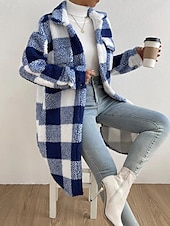 billige sherpa jakker-Dame Sherpa jakke Teddyfrakk Hold Varm Lomme Mote Fritid Ruter Dagligdagstøy Enkeltkneppet Aftæpning Løstsittende Langermet Yttertøy Svart Rosa Blå Høst Vinter