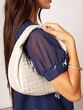 cheap Handbag &amp; Totes-Elegant Women&#039;s Ivory Woven Leather Hobo Bag – Chic Round Handle Purse Perfect for Day to Night Outfits