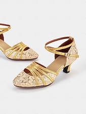 economico Scarpe per balli latini-scarpe da ballo latino da donna con brillantini dorati, lacci e cinturini incrociati - eleganti calzature da ballo da sala