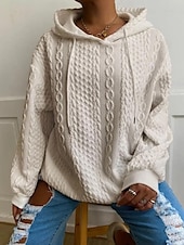 baratos Moletons e Sweatshirts Texturizados-moletom feminino com capuz, moda simples, trabalho, uso diário, casual, com capuz, patchwork, ajuste solto, manga comprida, preto, branco, cáqui, cinza, outono, inverno