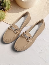 preiswerte Damenschuhe-Damen Halbschuhe Klassische Loafer Outdoor B¨¹ro Täglich Strass Schnalle Flacher Absatz Runde Zehe Geschäftlich Brautkleider schlicht Komfort Kunstleder Halbschuhe Mandelfarben Schwarz Weiß