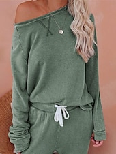 billiga Sovkläder till damer-pyjamasset för kvinnor ren färg mode grundläggande komfort hem daglig säng andas rund hals långärmad byxficka resår midja höst vinter hem outfits