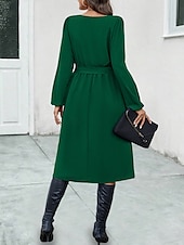 preiswerte Kleider für die Arbeit-Elegantes Midikleid für Damen in Dunkelgrün, lange Ärmel, mit Gürtel, V-Ausschnitt, Knopfdetail, lässige A-Linie, fließend, vielseitig einsetzbar, Herbst/Frühlings-Kleidung