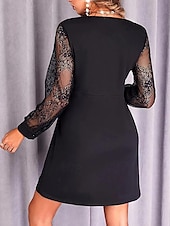 abordables Robe noire-robe noire femme dentelle maille patchwork sequin mini robe unie col en V manches longues printemps automne noir
