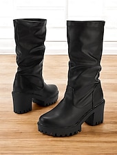 levne Slouch Boots-dámské černé kozačky s mohutným podpatkem a podrážkou – retro kozačky do půlky lýtek z umělé kůže na podzim a zimu