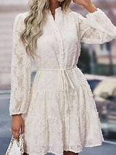 economico vestito nero midi-Per donna Abito semplice Vestito longuette Pizzo Pulsante Vintage Informale Colletto Manica lunga Nero Bianco Verde Colore