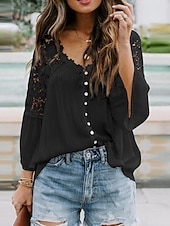 cheap Lace Tops-Women&#039;s White Elegant Lace Tops Eyelet Blouse Stylish Modern Lace Bell Sleeve 3/4 Length Sleeve V Neck Work Daily Black White Purple Green Spring Fall