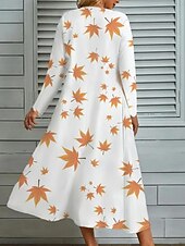 economico Abiti Floreali Stampati-abito lungo da donna con stampa a foglie e scollo a V, manica lunga, primavera autunno