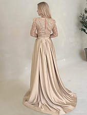 preiswerte Sekt-Meerjungfrau Abendkleid Elegantes Kleid Formelles Bodenk Länge Langarm Illusion-Ausschnitt Champagner Mutter der Braut Kleid Pailletten mit Perlen Überrock 2025