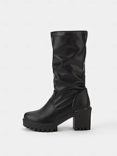 levne Slouch Boots-dámské černé kozačky s mohutným podpatkem a podrážkou – retro kozačky do půlky lýtek z umělé kůže na podzim a zimu