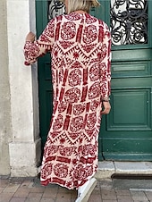 levne Boho šaty-Dámské Maxi šaty Boho šaty Elegantní stylové Dovolená Denní Běžný Grafika Dlouhý rukáv Košilový límec Rubínově červená Vodní modrá Trávová zelená Léto Jaro Podzim