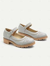 abordables Sandalias planas de mujer-Zapatos planos Mary Jane vintage para mujer: cuero gris con diseño floral recortado y correa con hebilla, perfectos para uso informal y formal.