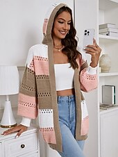 economico Cardigan e capispalla-Per donna Giacca maglione Maglione casual Informale Morbido Color Block Girocollo Con cappuccio Manica a lanterna Manica lunga Top regolari Maglia Esterno Giornaliero Fine settimana Rosa Autunno
