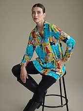 baratos vestido casual estampado-vestido mini camisa rayon graffiti com punho e lapela