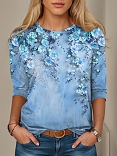 ieftine tricou floral-Tunică pentru femei T-Shirt Modă Casual Print Manșon Lung Bluze Regulate Guler Rotund Zilnic Galben Roz Albastru Primăvară Toamnă