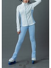 cheap Figure Skating Training Outfit-Figure Skating Fleece Jacket Figure Skating Pants Figure Skating Jacket with Pants Women&#039;s Girls&#039; Ice Skating Jacket Tights Outfits Blue White Patchwork Thumbhole Spandex Stretchy Training Practice
