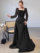 preiswerte Sekt-Meerjungfrau Abendkleid Elegantes Kleid Formelles Bodenk Länge Langarm Illusion-Ausschnitt Champagner Mutter der Braut Kleid Pailletten mit Perlen Überrock 2025