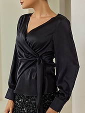 economico Bluse e camicie-camicetta elegante nera con scollo a V e maniche a lanterna in raso per festa formale