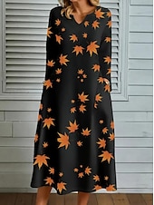 economico Abiti Floreali Stampati-abito lungo da donna con stampa a foglie e scollo a V, manica lunga, primavera autunno