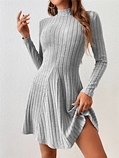 preiswerte Strickkleider-Damen Strickkleid Minikleid Gerippt Verabredung Strassenmode Basic Ständer Langarm Grau Farbe