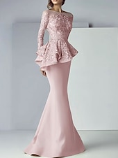 voordelige Vloerlengte-Zeemeermin moeder van de bruid jurk formele bruiloft gast elegante scoop hals vloer lengte kant stretch stof lange mouw met ruffles applicaties 2025 gratis maat op maat