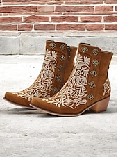 tanie Kowboj i zachodnie buty-damskie brązowe haftowane botki w stylu western z ćwiekami - idealne na nieformalne wyjścia i imprezy rodeo