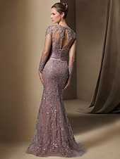 economico BLU-Abito da festa sirena Madre della Sposa Abito Ospite di matrimonio Elegante Collo gioiello Treno a strascico  spazzola Stretch raso Manica lunga con pizzo paillettes arricciato per impressionare 2025