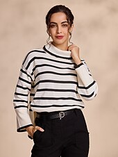 economico maglione da donna-Per donna Felpa A collo alto A coste Maglia Misto lana A campana Autunno inverno Casual / quotidiano Casual quotidiano Manica lunga Banda Bianco S M L