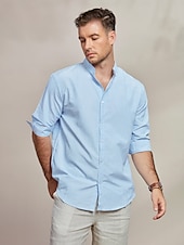 preiswerte Herren Elite Hemden-Herren Hemd Hemd mit Stehkragen Sommerhemd Strandbekleidung Knopfhemd Lässiges Hemd Blau Langarm Gestreift Ständer Hawaiianisch Festtage Bedruckt Bekleidung Baumwollmischung Modisch Klassisch