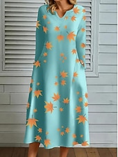 economico Abiti Floreali Stampati-abito lungo da donna con stampa a foglie e scollo a V, manica lunga, primavera autunno