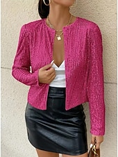 cheap Furs &amp; Leathers-Women&#039;s Casual Jacket Dailywear Sequin Solid Color Cool Regular Fit Outerwear Long Sleeve Spring Rose Gold S