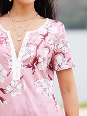 cheap Floral tee-Women&#039;s T Shirt Henley Shirt Floral Vintage Tunic Short Sleeve V Neck Regular Tops Casual Daily Print Red Green Gray