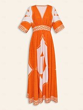 economico abito casual stampato-abito lungo da vacanza in stile bohémien con stampa geometrica e scollo a V