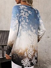 economico T-shirt floreale-maglietta da donna casual stampa manica lunga maglie lunghe girocollo quotidiano blu autunno inverno