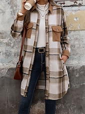 billiga Kappor och trenchcoats-Dam Kappa Utomhus Gata Dagliga kläder Höst Vinter Normal Täcka Normal Håller värmen Andningsfunktion Stylish Ledigt Jacka Långärmad Ränder och pläd Med fickor Kaffe