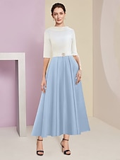 economico Mom&#039;s Dress Sets-Beach Wedding A-Line Mother of the Bride Dress Wedding Guest Elegant Vintage Jewel Neck Tea Length Charmeuse Half Sleeve with Pleats Crystals free custom size