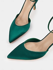 cheap Semi-Formal-Women&#039;s Emerald Green Satin Ankle Strap Heels - Elegant Pointed-Toe Stiletto for Parties, Weddings, and Special Occasions