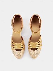 economico Scarpe per balli latini-scarpe da ballo latino da donna con brillantini dorati, lacci e cinturini incrociati - eleganti calzature da ballo da sala