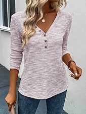 ieftine Topuri simple pentru femei-Pentru femei Tricou Simplu Elegant Casual Manșon Lung În V Topuri obișnuite Zilnic Nasturi Roz Îmbujorat Primăvară Toamnă