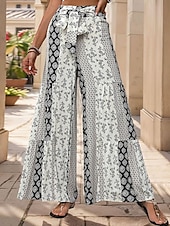 baratos perna larga e cintura alta-Mulheres Calças Moda Roupa de rua Comprimento total Cintura Alta Côr Sólida Bloco de cor Bolsos Com Laço Conforto Respirabilidade Macio Micro-Elástica Férias Rua Diário Adamascado Preto Vermelho Azul