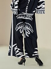 economico pantaloni da donna-pantaloni neri con stampa a gamba larga in raso