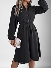preiswerte schwarzes Midikleid-Damen Arbeitskleidung A Linie Kleid Modisch Täglich Arbeitsmode Bischof Midikleid Gefaltet Taste Hemdkragen Langarm Glatt Regular Fit Schwarz Wein Khaki Frühling Herbst S M L XL