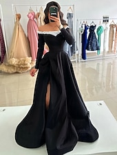 preiswerte SCHWARZ-A-Linie Abendkleid Elegantes Kleid Formal Bodenlang Lange Ärmel Off-Shoulder Tasche Satin mit Perlen