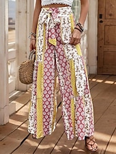 baratos perna larga e cintura alta-Mulheres Calças Moda Roupa de rua Comprimento total Cintura Alta Côr Sólida Bloco de cor Bolsos Com Laço Conforto Respirabilidade Macio Micro-Elástica Férias Rua Diário Adamascado Preto Vermelho Azul
